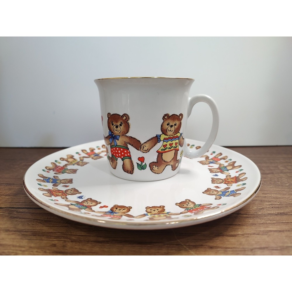 Vintage Children's Dinnerware Teddy Bears 2 Piece Set Cup Plate Gold Trim